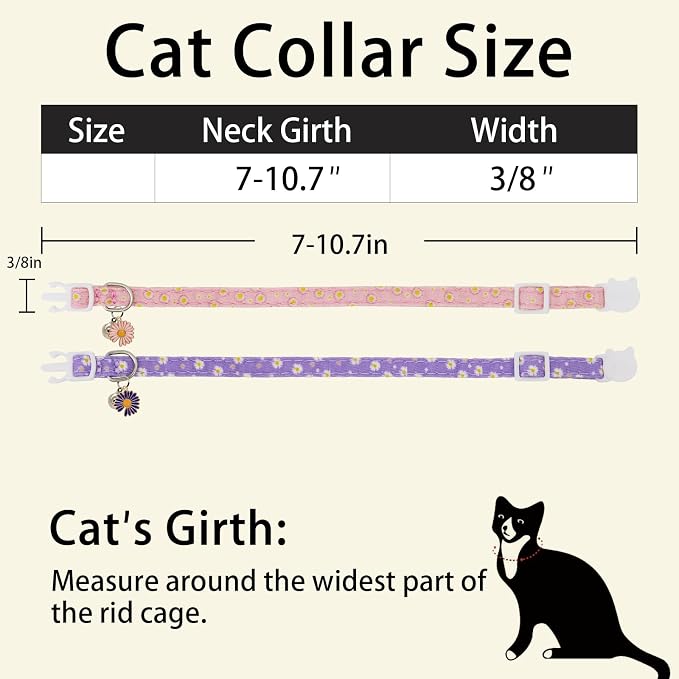 Cat Collars for Girl Cats & Boys, 2 Pack Soft Cotton Breakaway Collar with Removable Bell and Cute Charms, Adjustable Safety Pet Necklace, Daisy