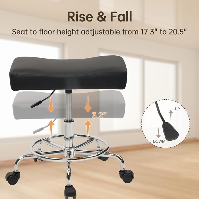 Heavy Duty Extra Wide Rolling Stool PU Leather Thickened Seat Cushion with Foot Rest Adjustable Height Swivel with Wheels for Spa Salon Tattoo Work Massage Barstool, Black, 2 Pack
