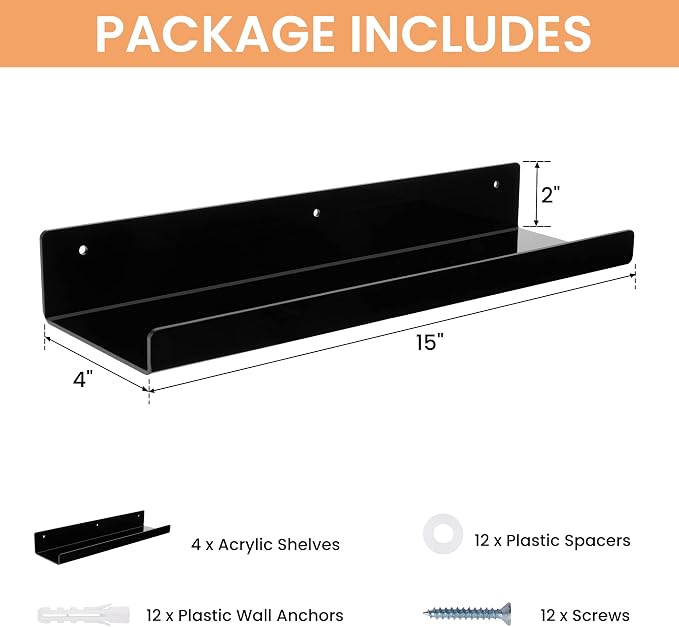 upsimples 4 Pcs 15" Acrylic Shelves for Wall Organize and Display, Black | Cute Floating Shelf for Perfume, Skincare, Nail Polish, Wall Organizer for Bedroom, Living Room, Playroom, Room Décor