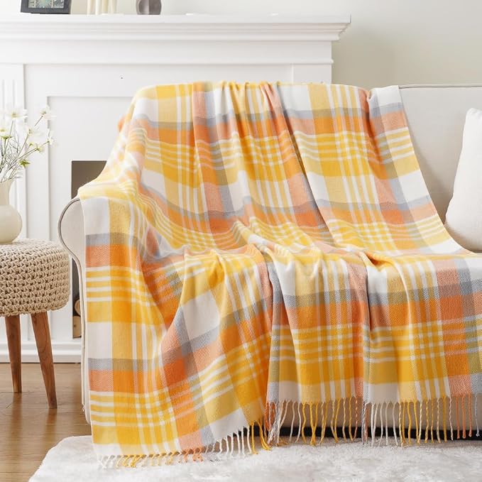 Yellow Plaid Throw Blanket for Couch, Spring Summer Throw Blankets 50"x60" | Lightweight Farmhouse Blanket, Soft Cozy Woven Throw with Tassels, Buffalo Plaid Blanket for Bed, Sofa, Home Decor