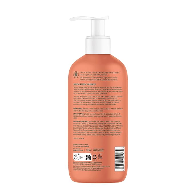 ATTITUDE Body Lotion, EWG Verified Moisturizer, Vegan Skin Care Products, Non-Greasy, Hydrating for Dry Skin, Cruelty Free, Glowing, Melon & Peach Blossom Scent, 16 Fl Oz