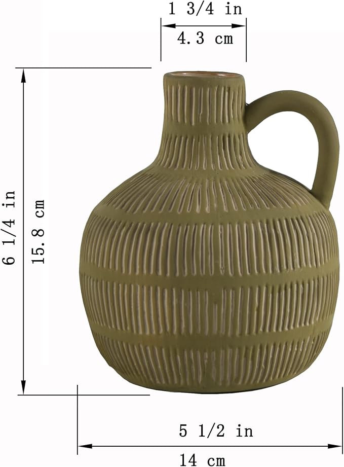 Mowtanco Farmhouse Vase with Handle and Tassel, Grey Yellow Vertical Stripes Design Clay Vase 10'' Tall - Ceramic Flower Vase for Rustic Home Decor, for Fireplace Kitchen Living Room Centerpieces