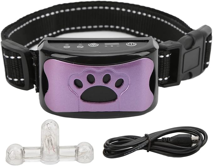 ASHATA Anti Dog Bark Collar, Dog Barking Collar, USB Rechargeable Vibration Intelligent Recognition Training Collar 7 Sensitivity Levels Purple