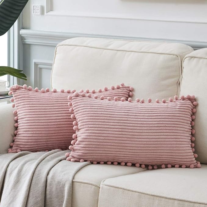 Fancy Homi 2 Pack Blush Pink Lumbar Decorative Throw Pillow Covers 14x24 Inch with Pom-poms for Couch Bedroom Sofa, Farmhouse Boho Home Decor, Soft Corduroy Solid Rectangle Cushion Case 35x60 cm