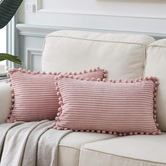 Fancy Homi 2 Pack Blush Pink Lumbar Decorative Throw Pillow Covers 12x24 Inch with Pom-poms for Couch Bedroom Sofa, Farmhouse Boho Home Decor, Soft Corduroy Solid Rectangle Cushion Case 30x60 cm