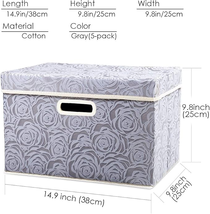 Foldable Storage Bins with Lids [5-Pack] Fabric Decorative Storage Box Cubes Organizer Containers Baskets with Cover Handles Divider for Bedroom Closet Living Room Grey 14.9x9.8x9.8 Inch