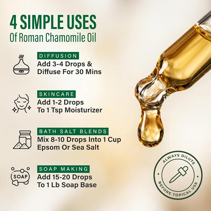 100% Pure Roman Chamomile Oil - 4 Fl Oz Roman Chamomile Essential Oil for Hair, Skin, Diffuser, Aromatherapy & DIY Soap Making Scent