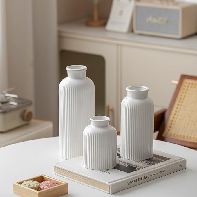 Large Modern Ceramic Vase Set, White Ribbed Matte Design, 10 Inch Tall, 4 Inch Width, 3-Piece Decorative Vases for Home, Living Room, Office (XL Matte Glaze White)