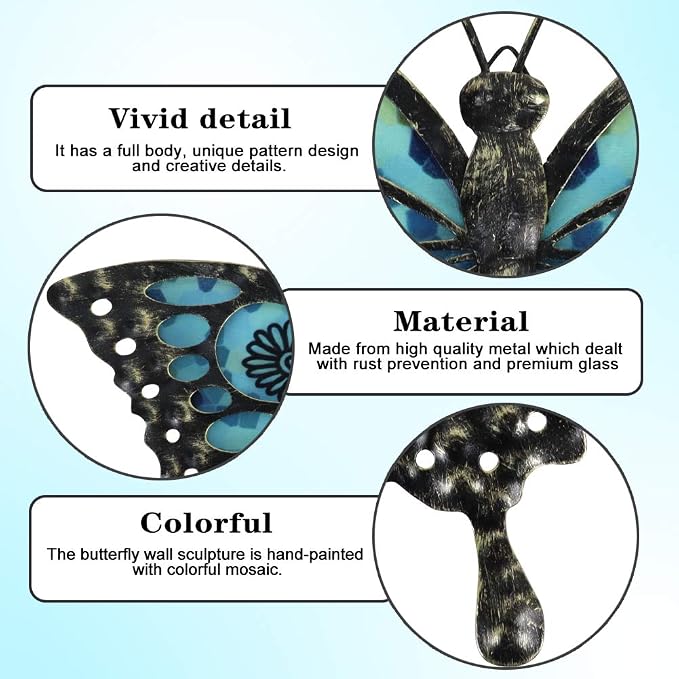 LIFFY Metal Butterfly Wall Decor,2Pack 12" Hanging Glass Butterfly Outdoor Decor,Garden Decorative Ornaments Outside for Home,Yard,Fence,Patio