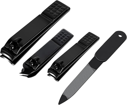 Nail Clippers Set, Sharp Stainless Steel Fingernail and Toenail Clippers, Nail Clippers for Thick Nails or Ingrown Nails, Perfect 4 pcs Black Nail Cutter for Men/Women/Kids, Set Include Nail File.
