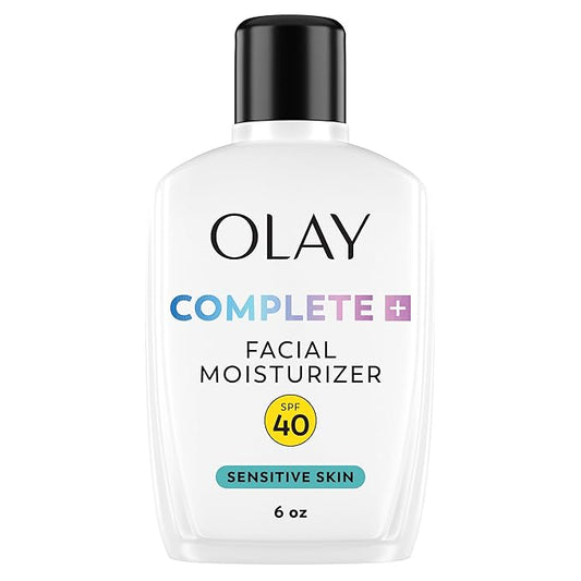 Olay Complete+ Face Moisturizer with Sunscreen SPF 40, For Sensitive Skin, Broad Spectrum Sun Protection, Fragrence-Free - No White Cast on All Tones, Nourishes Moisture Barrier - Ceramides, 6 Oz