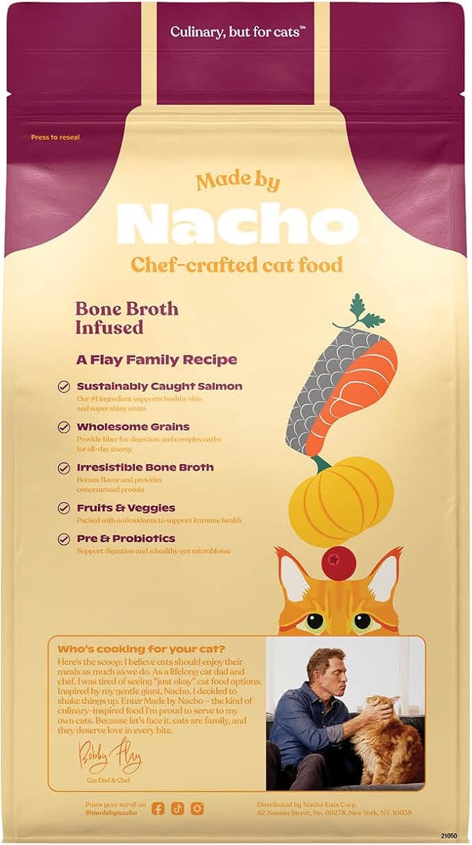 Made by Nacho Dry Cat Kibble 11lb Bag, High Protein and Grain-Friendly Premium Cat Food, Sustainably Caught Salmon and Pumpkin, Infused with Bone Broth for Hydration, Limited Ingredients, Single Bag | Protein-forward dry cat food with premium ingredien...