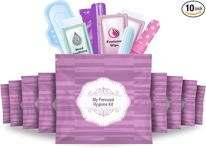 Menstrual Kit All-in-One 10 Pack | Convenience on the Go | Period Kit Pack for Travelling, Tweens & Teenagers or just When You’re Out | Individually Wrapped Feminine Hygiene Product (Purple)