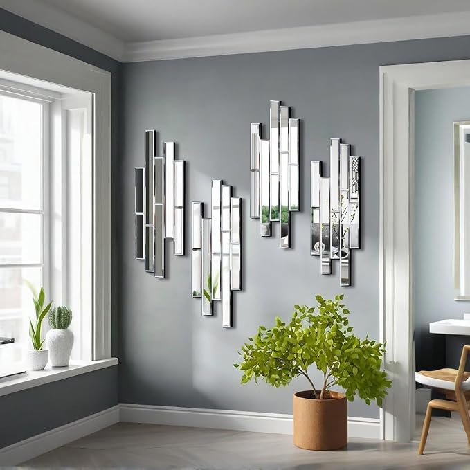 Artisan Set of 4 Silver Beveled Wall Decor Mirrors - 24x8 Inch Each, Creative Combination Design for Modern & Farmhouse Home Decor, Shatter-Resistant Glass with Wood Backing