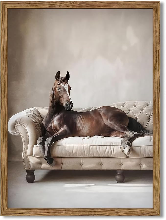 Framed Funny Horse Canvas Wall Art, Vintage Western Brown Horse On Sofa Pictures Wall Decor, Rustic Farmhouse Animal Paintings Prints for Living Room Bedroom Office Dorm 16x24 inch