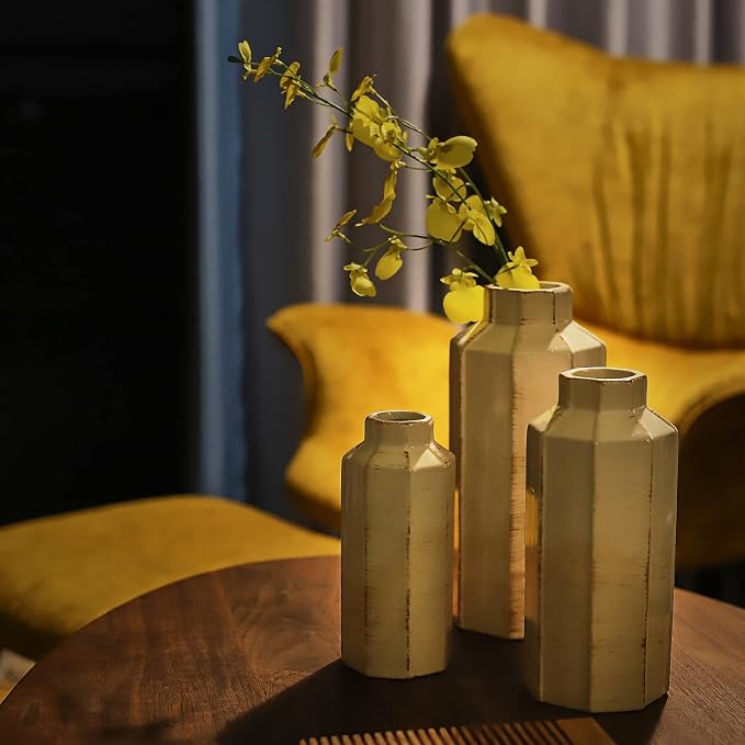 Ceramic Rustic Farmhouse Vase Set of 3,Ice Cracked Glazed Terracotta Vase | Large Vases for Decor,Fall Decoratiion Vases for Home, Table, Living Room, Shelf