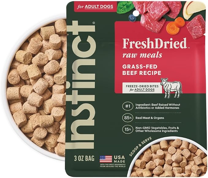 Instinct Freeze Dried Meals, Natural Dog Food, Grass-Fed Beef, 3 oz. Bag | FreshDried raw, 85% meat & organs, 15% non-GMO vegetables, fruits & other wholesome ingredients, supports overall vitality