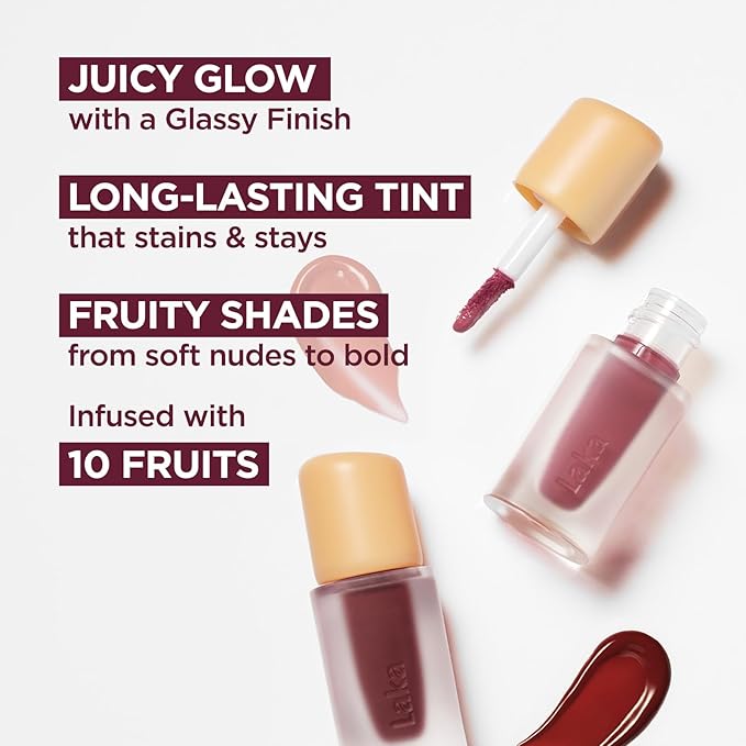 Laka Fruity Glam Tint Mini, 1.9g/0.07oz, Glowing Lip Stain with Wide Color Spectrum, Hydrating & Lightweight Texture, Buildable Color, Non-Sticky, Vegan, K-Beauty (#160 Alma)