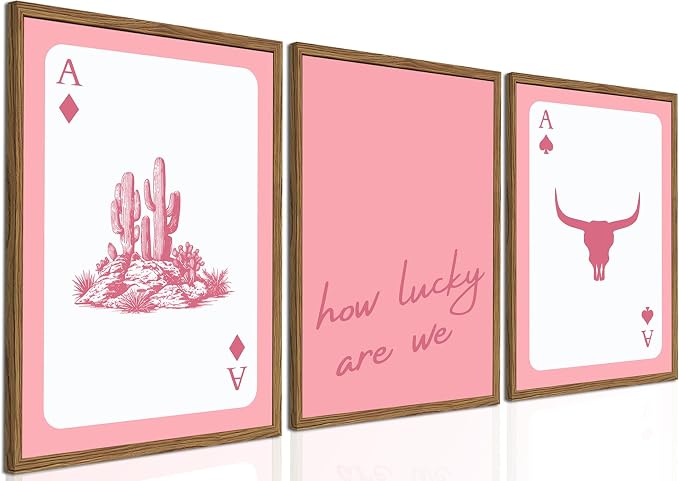 Pink Western Wall Art, How Lucky are We Wall Decor Picture Southwestern Cowgirl Playing Card Poster Canvas Print Bull Skull Painting Artwork for Bedroom Living Room 12x16 inch Wood Framed