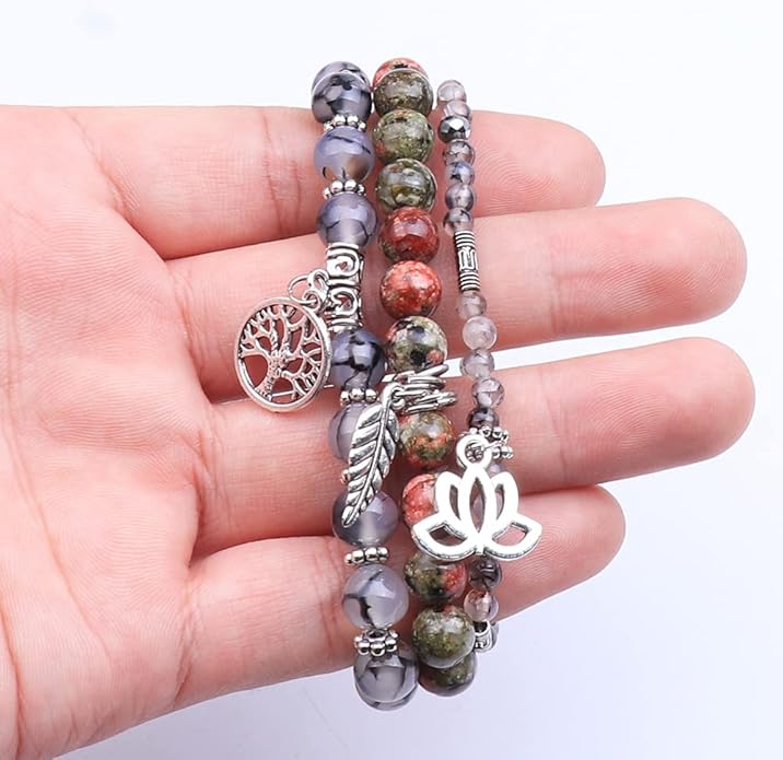 UEUC Tree of Life Yoga Healing Stone Bracelets,Multilayer Lotus Chakra Stone Reiki Bracelet Sets,Anxiety Crystal Natural Stone,for Women Stress Relief