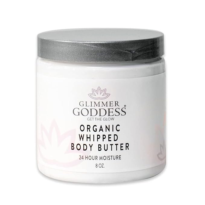 Glimmer Goddess Organic Whipped Body Butter for Women - Moisturizer Cream with Shea & Cocoa Butter, Almonds & Coconut Oil - Peach Belini, 8oz