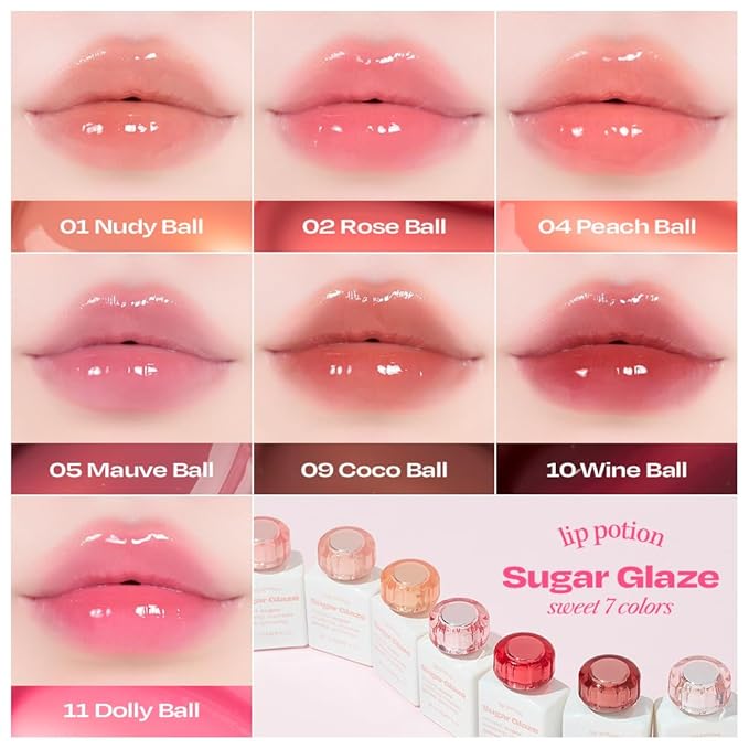 Lip Potion Sugar Glaze Tint | K-Beauty High-Shine & Long-Lasting Lip Tint | Hydrating, Non-Sticky Glossy Finish | 7 Shades | 0.3 Oz (No.9 Coco Ball)
