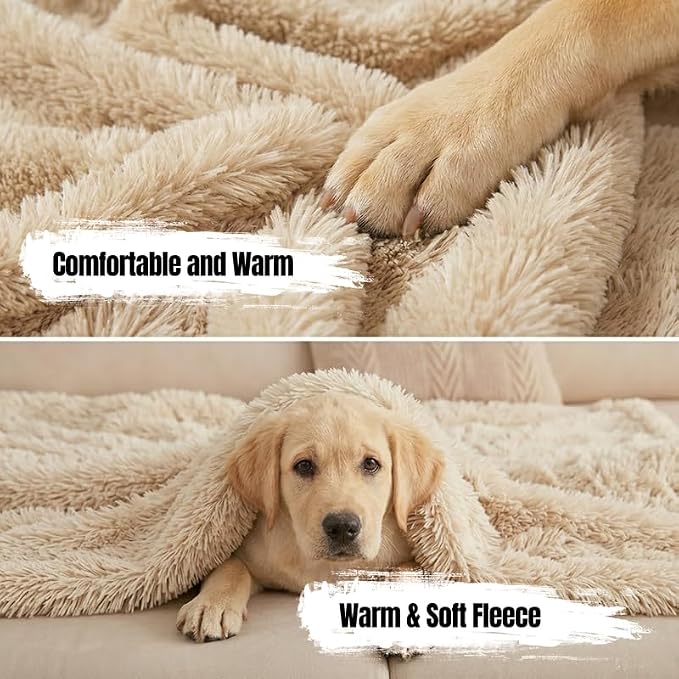 Waterproof Dog Blanket Pet Throw Blankets Fluffy Long Faux Fur Reversible Puppy Blankets 85x57in Furniture Protector Cover for Sofa Bed Couch Bed Cover Washable for Dogs Cats (Beige XL)