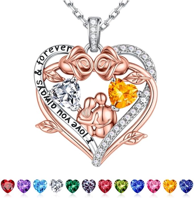 Iefil Valentines Gifts for Her Wife - 925 Sterling Silver Double Heart Birthstone Necklace, Anniversary Birthday Gifts for Women Wife Girlfriend