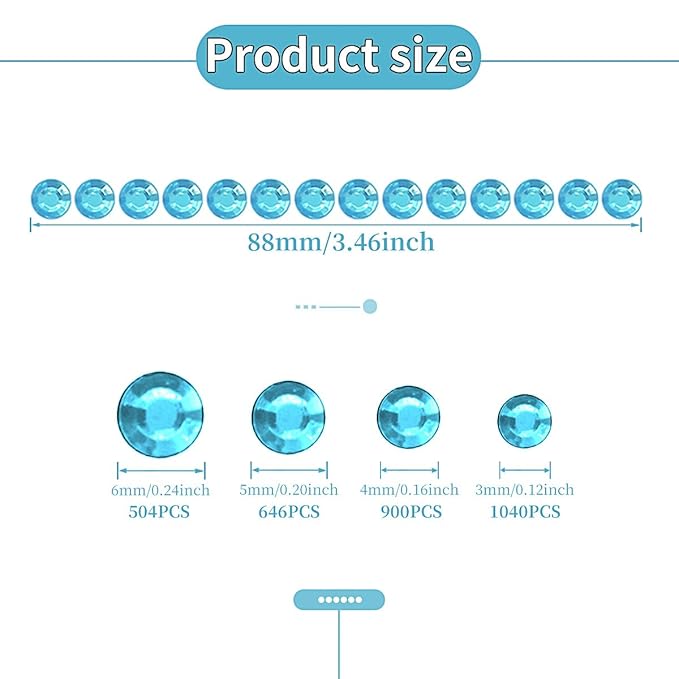 Aqua Blue Face Gems Eye Jewels Rhinestones Crystals Stickers 3/4/5/6mm with Rhinestones Stickers for Body, Stick on Jewels Makeup Glue for Face Eye Hair Nails Make up and Craft Decor 3090PCS