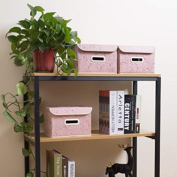 Foldable Storage Boxes with Lids [5-Pack] Fabric Decorative Storage Bins Cubes Organizer Containers Baskets with Cover Handles Divider for Bedroom Closet Living Room Pink 9.8x7.9x6.7 Inch