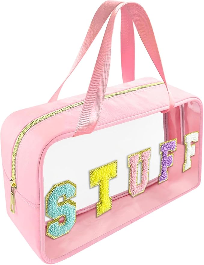 Chenille Letter Clear Makeup Bag Stuff Patch, Travel Toiletry Makeup Bag with Handle, Nylon Waterproof Makeup Bags clear cosmetic bag, preppy patch makeup bag for Women (STUFF-Pink)