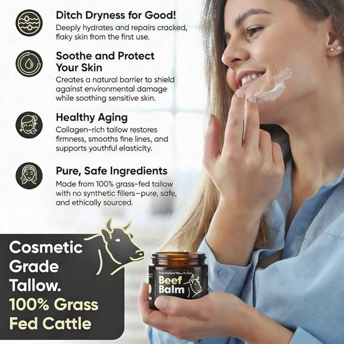 Beef Tallow for Skin – Grass-Fed Tallow Balm, Face & Body Cream, Natural Tallow Lotion for Dry Skin, Anti-Aging, Vanilla Scented (2oz)