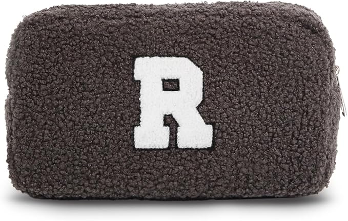 Cute Makeup Bag, Initial Cosmetic Bag, Fuzzy Makeup Bags for Women, Beauty Pouch with Chenille Letter, Personalized Cosmetic Pouch for Travel, Dark Grey R