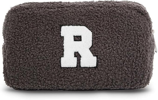 Cute Makeup Bag, Initial Cosmetic Bag, Fuzzy Makeup Bags for Women, Beauty Pouch with Chenille Letter, Personalized Cosmetic Pouch for Travel, Dark Grey R