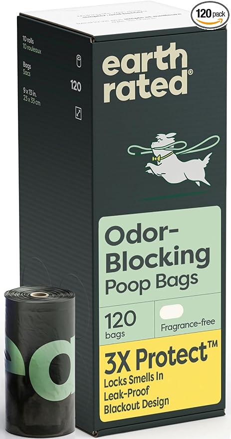 Earth Rated 3X Protect Dog Poop Bag Rolls, Odor Blocking Leak Proof Extra Thick, Unscented, 120 Count | Leak Proof Extra Thick