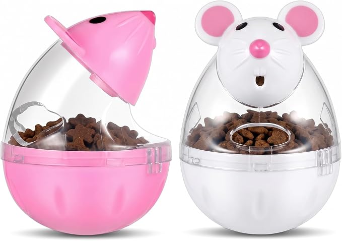 2 Pcs Cat Food Ball Dispenser, Mice Shaped Treat Dispenser for Cats, Slow Feeder Tumbler Toy for Training, Interactive Toys for Indoor Cats (Pink, White)