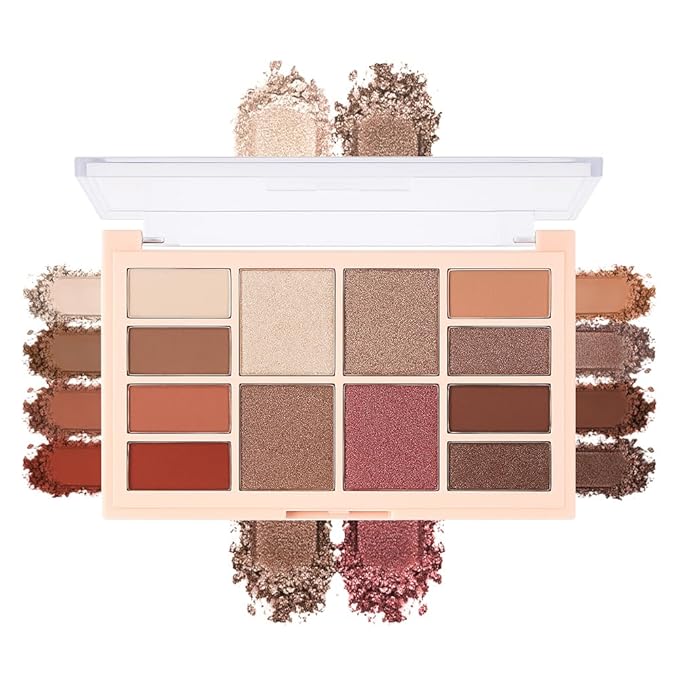 12-Color Warm Red Brown Eyeshadow Palette – Matte, Shimmer&Glitter Neutral Nude Shades with Rose Gold, Champagne, Bronze&Peach Tones, High-Pigment, Long-Lasting, Blendable Soft Glam Eye Makeup Palette