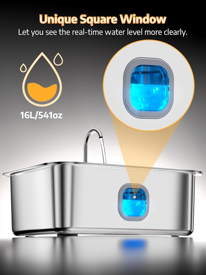 4.2Gal Dog Water Fountain for Large Dogs, 16L Stainless Steel Large Dog Fountain Water Bowl with Deeper & Wider Drinking Tray, Pet Water Dispenser with Visible Window (with 7 Newly Filters)