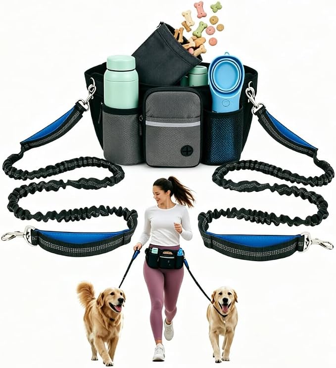 Dog Treat Pouch for Training – Hands-Free Waist Belt with Built-in Poop Bag Dispenser, Water Bottle Holder & Phone Pocket, Includes Reflective Bungee Leash (Gray)