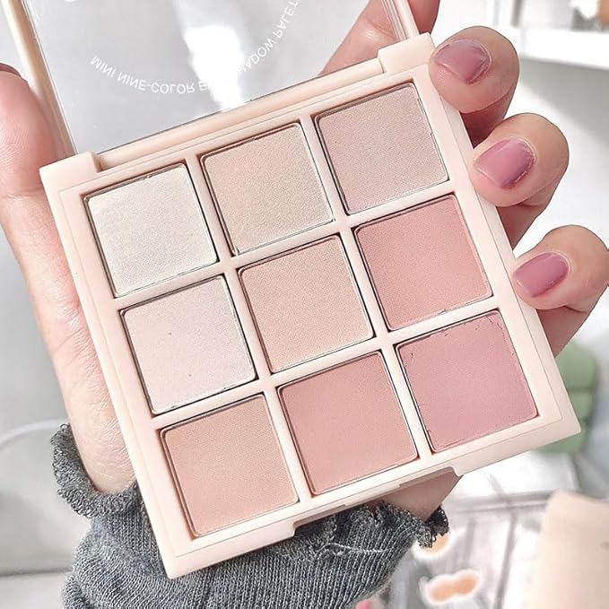 9 Colors Pink Eyeshadow Palette, Matte Nude Neutral Beige Brown Blendable Shades, Daily Eye Shadow Makeup