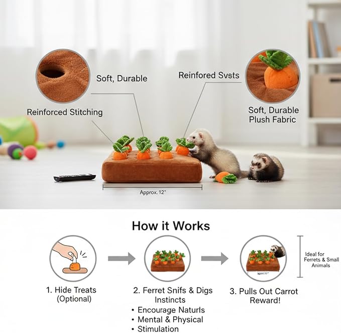 Ferret Foraging Toys Novelty Carrot Snuffle Mat Interactive Pet Treat Enrichment Toys for Small Animals Bunny Rabbit Chinchilla Guinea Pig Hamster (12Carrot)