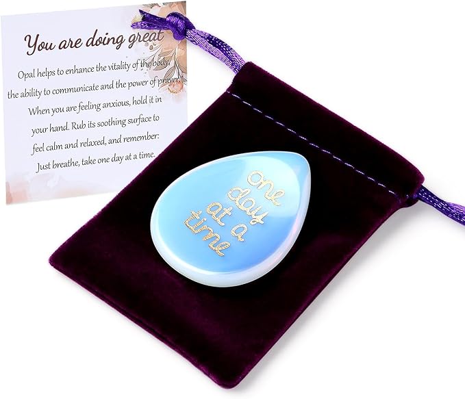 One Day at A Time Opal Thumb Worry Stone for Anxiety Crystals Hand Thumb Stones Pocket Thinking of You Gifts for women Inspirational Worry Stones for Stress Relief You Got This Sobriety Gifts for Her