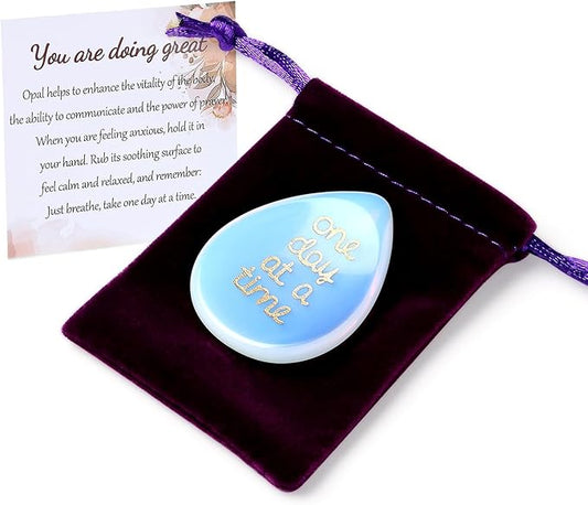 One Day at A Time Opal Thumb Worry Stone for Anxiety Crystals Hand Thumb Stones Pocket Thinking of You Gifts for women Inspirational Worry Stones for Stress Relief You Got This Sobriety Gifts for Her