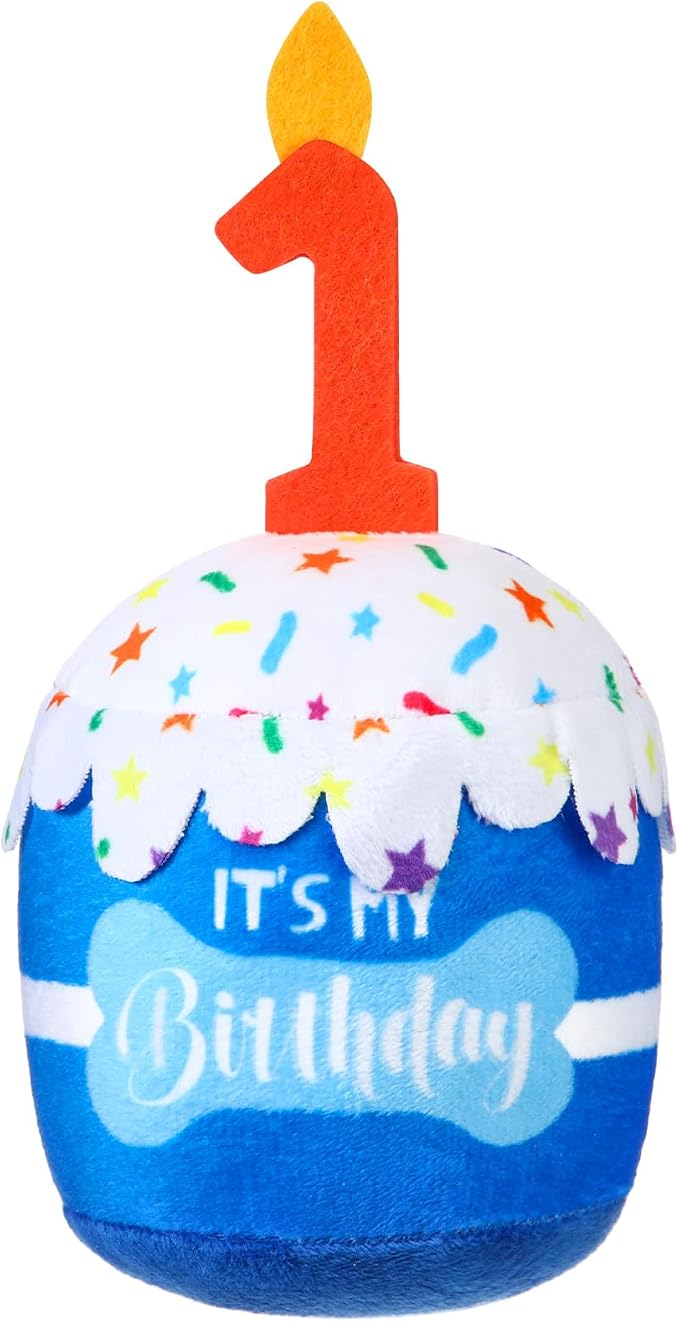 Dansydaisy Dog Birthday Cake Toy Squeaky Plush Gift,1st,Blue