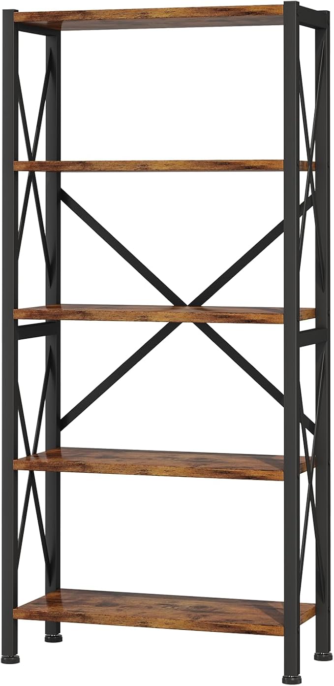 Homeiju 5-Tier Bookshelf,Wood Bookcase,Book Shelf with Steel Frame, Storage Rack with Open Shelves, Rustic Standing Bookshelves Ladder Shelf 110lbs/shelf for Bedroom,Living Room and Home Office