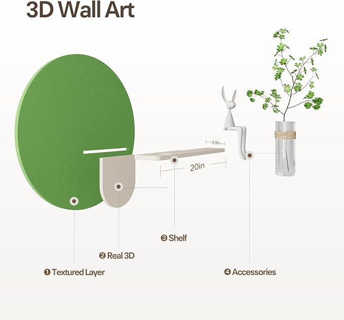 3D Sage Green Round Wall Art Decor with Shelf, Minimalist Green Sandstone Textured Artwork for Walls, Aesthetic Circle Wall Decor for Living Room, Hallway, Dining Room, Bedroom, Office, 24x24 Inch