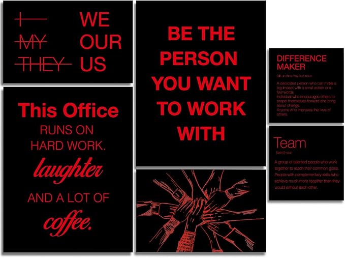 YEOION Motivational Office Wall Art,Inspirational Teamwork Wall Art for Office,Black and Red Positive Teamwork Wall Decor for Workplace Set of 6