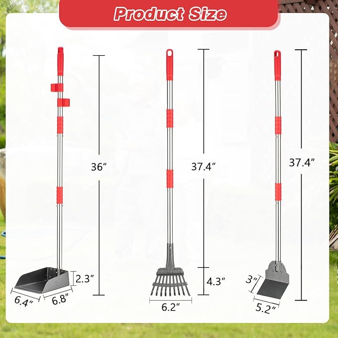 FUSBUNTY Long Handle Dog Pooper Scooper, Heavy Duty Stainless Steel Rake | Includes Tray & Spade for Pet Waste Removal. Rust-Proof Metal Scoop Set for Grass, Dirt, Gravel, Yard & Outdoor Clean Up.