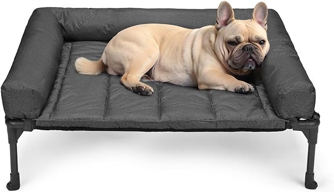 Veehoo Outdoor Elevated Dog Bed with Waterproof Bolster Cushion, Cooling | Raised Dog Bed with Removable & Washable Mat Topper, Breathable Mesh, Dog Couch Cot for Indoor Outdoor, 32", Medium, Black