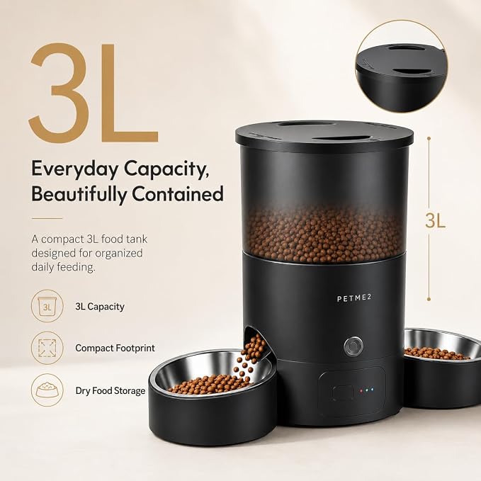 3L Cat Treat Dispenser with Dual Stainless Steel Cat Bowls - Quiet Automatic Cat Feeder for 2 Cats with App Control, 2 Way Audio, Dual Power Options, Self-Feeding Cat Food Dispenser - Black